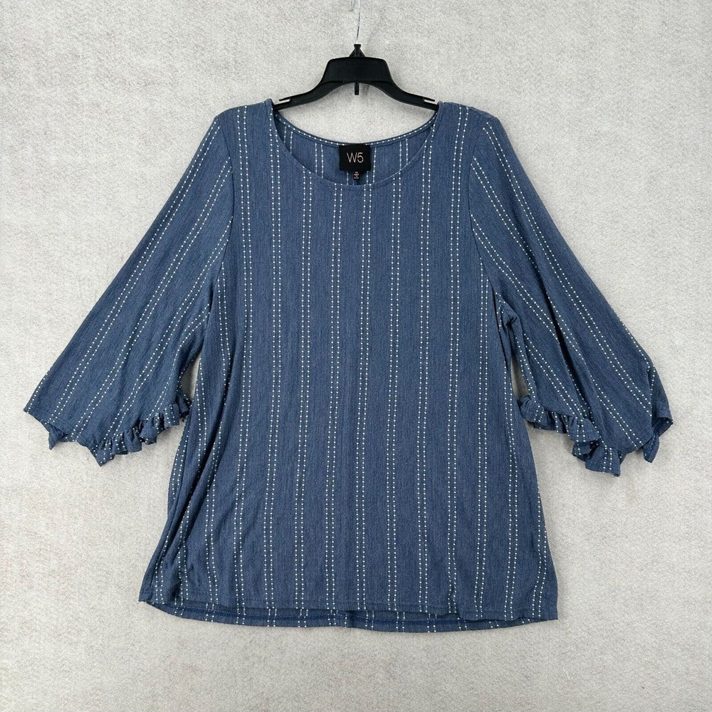 W5 Anthropologie Blouse Womens LARGE Blue Top‎ Ruffled 3/4 Sleeves Textured